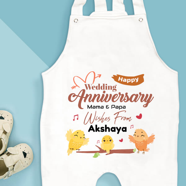 Custom Happy Wedding Anniversary Wishes From The Kid with Adorable Singing Birds Milestone Collection Dungaree Design