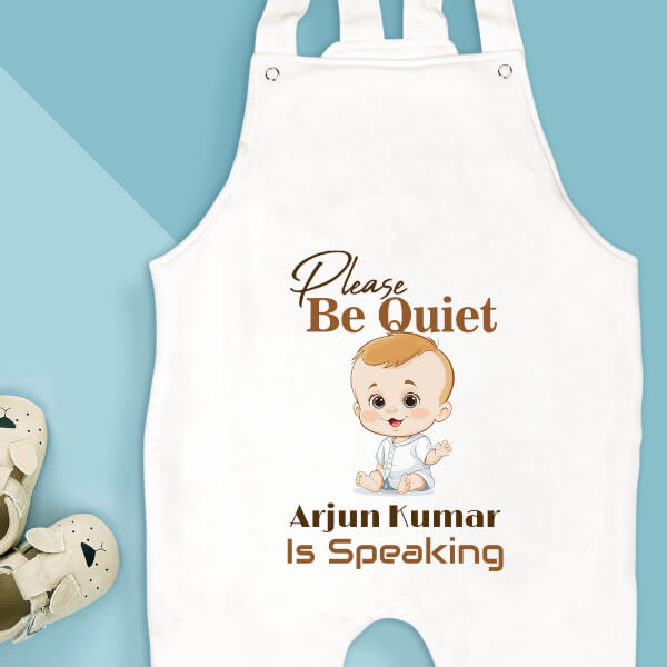 Custom Please Be Quiet Baby is Speaking Milestone Collection Dungaree Design
