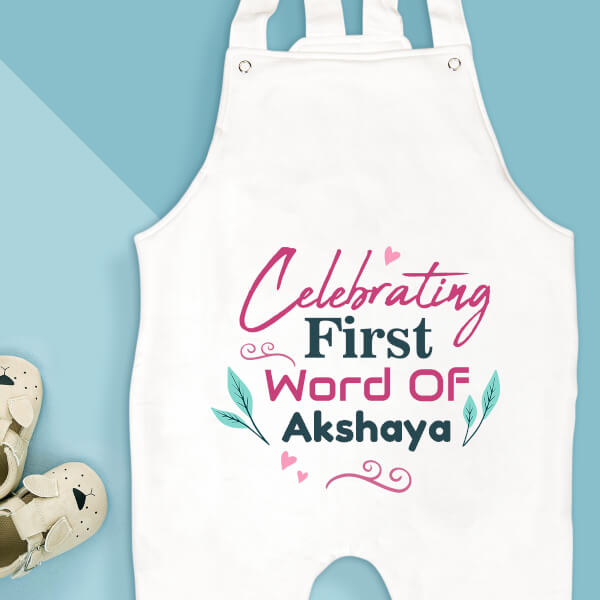 Custom Celebrating First Word of The Baby Milestone Collection Dungaree Design