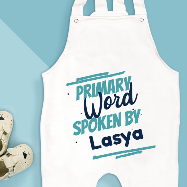 Custom Primary Word Spoken by The Baby Milestone Collection Dungaree Design