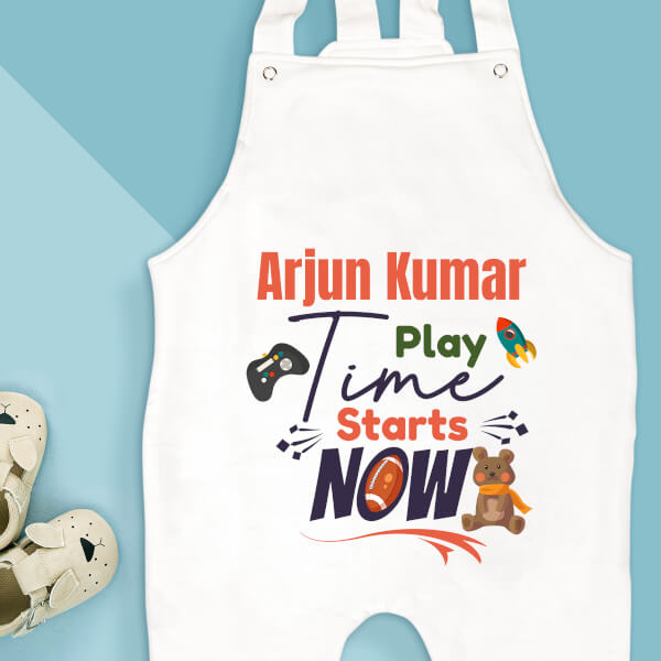Custom Baby Play Time Starts Now Milestone Collection Dungaree Design