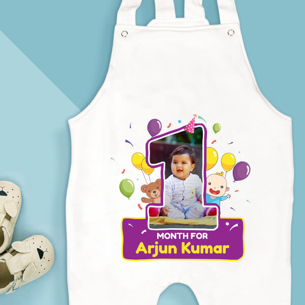 Custom 1 Month For The Baby with Adorable Teddy Bear and Balloons Monthly Birthday Dungaree Design