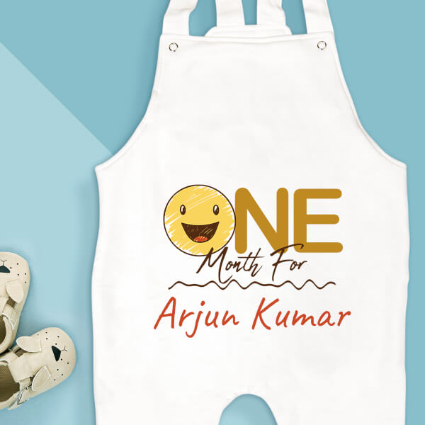Custom One Month For The Kid with Smiley Face Monthly Birthday Dungaree Design