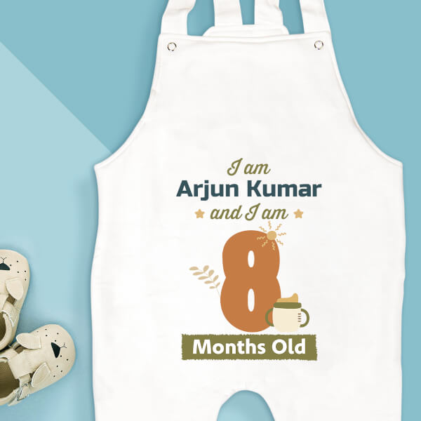 Custom I Am 8 Months Old Baby Monthly Birthday Dungaree Design