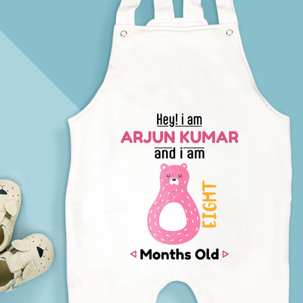 Custom Hey I Am 8 Months Old Baby Monthly Birthday Dungaree Design
