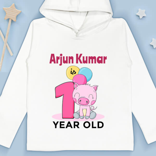 Custom Baby is 1 Year Old with Balloons Yearly Birthday Hoodie Design