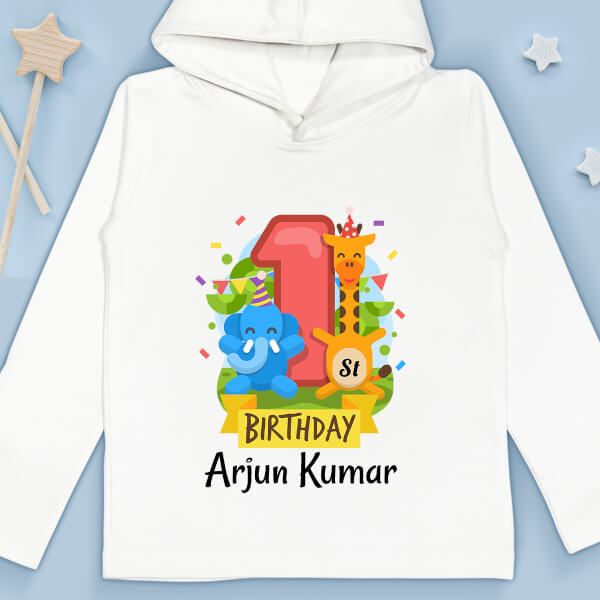 Custom 1st Birthday For The Baby with Cute Baby Giraffe and Baby Elephant Yearly Birthday Hoodie Design