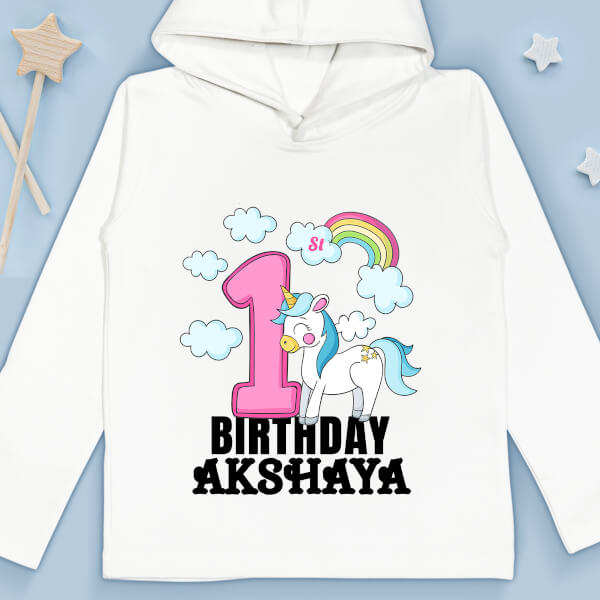 Custom 1st Birthday of The Baby with Unicorn and Rainbow Yearly Birthday Hoodie Design