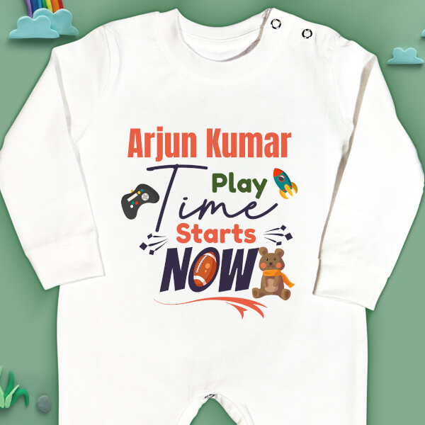 Custom Baby Play Time Starts Now Milestone Collection Jumpsuit Design