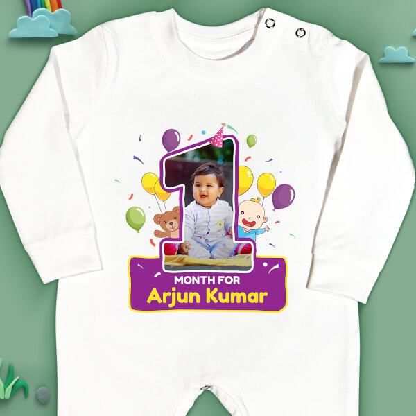 Custom 1 Month For The Baby with Adorable Teddy Bear and Balloons Monthly Birthday Jumpsuit Design