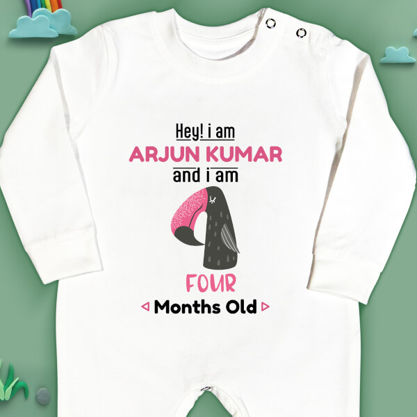 Custom Hey I Am 4 Months Old Baby Monthly Birthday Jumpsuit Design
