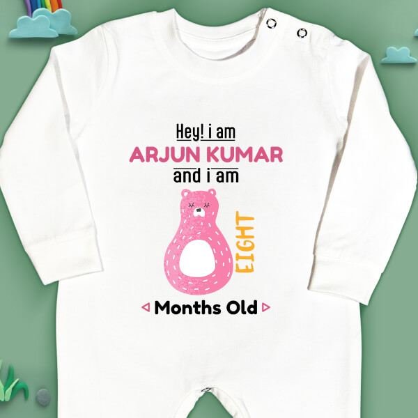 Custom Hey I Am 8 Months Old Baby Monthly Birthday Jumpsuit Design
