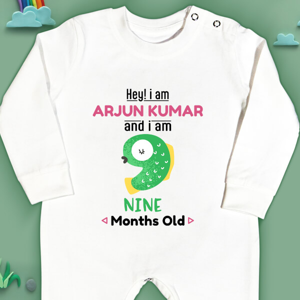 Custom Hey I Am 9 Months Old Baby Monthly Birthday Jumpsuit Design