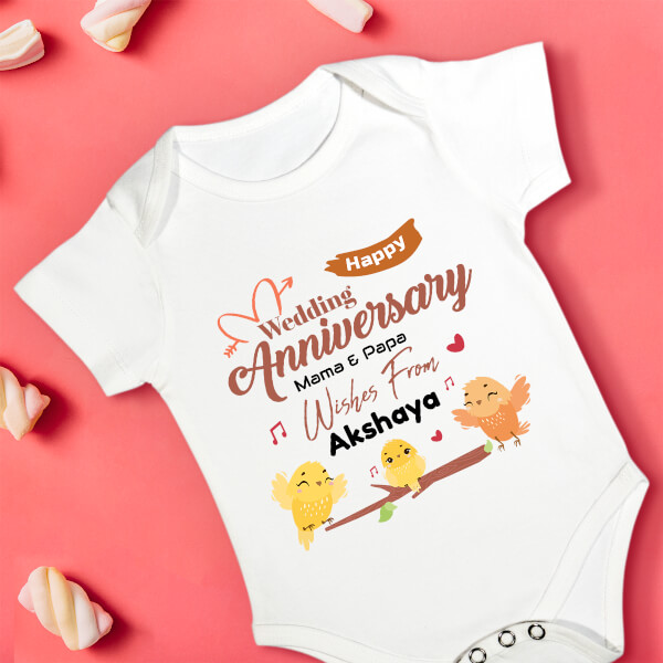 Custom Happy Wedding Anniversary Wishes From The Kid with Adorable Singing Birds Milestone Collection Rompers Design