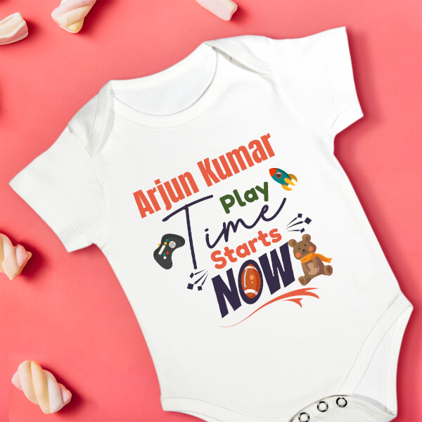 Custom Baby Play Time Starts Now Milestone Collection Rompers Design