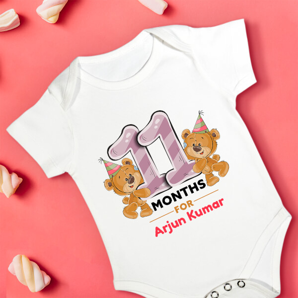 Custom 11 Months For The Baby Cute Teddy Bear Monthly Birthday Rompers Design