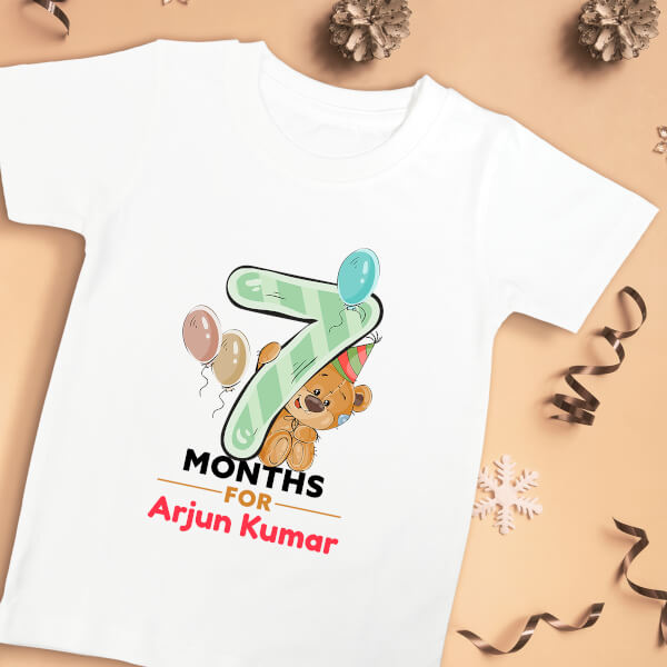 Custom 7 Months For The Baby Cute Teddy Bear Monthly Birthday Tshirt Design
