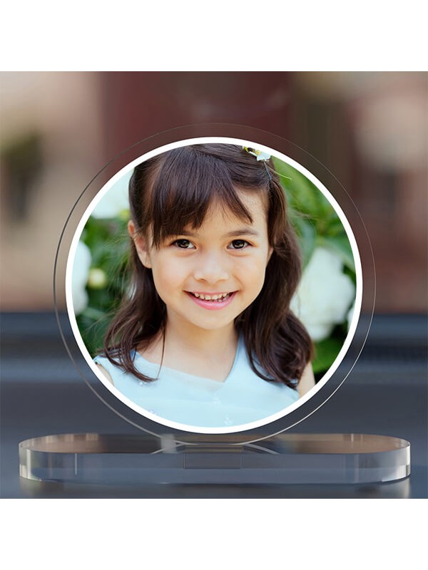 Full Pic Upload Design: Round Shaped Acrylic Dashboard Photo Stand with Single Sided Image Printing