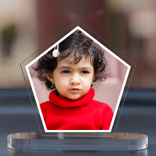 Custom Full Pic Upload Design: Pentagon Shaped Acrylic Dashboard Photo Stand with Single Sided Image Printing