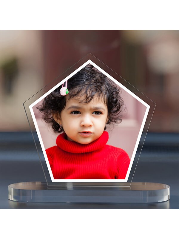 Full Pic Upload Design: Pentagon Shaped Acrylic Dashboard Photo Stand with Single Sided Image Printing