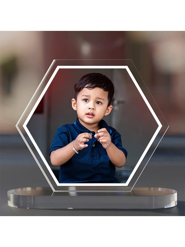 Full Pic Upload Design: Hexagon Shaped Acrylic Dashboard Photo Stand with Single Sided Image Printing