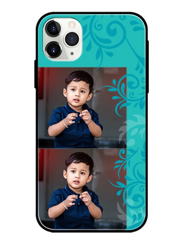 Custom Apple iPhone 11 Pro Max Personalized Glass Phone Case  - with Photo and Green Floral Design 