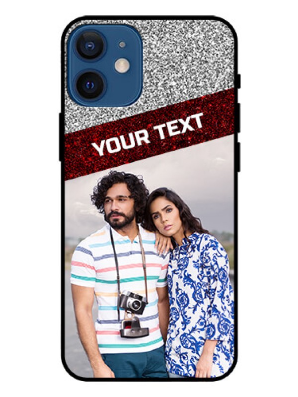 Custom Iphone 12 Mini Personalized Glass Phone Case  - Image Holder with Glitter Strip Design