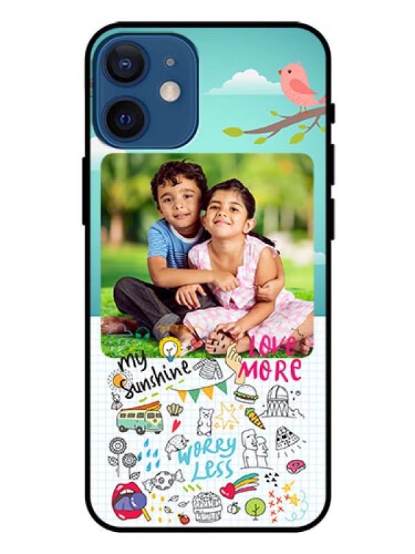 Custom Iphone 12 Mini Photo Printing on Glass Case  - Doodle love Design