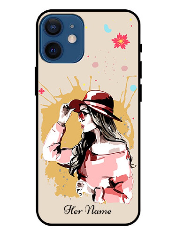 Custom iPhone 12 Mini Photo Printing on Glass Case - Women with pink hat Design