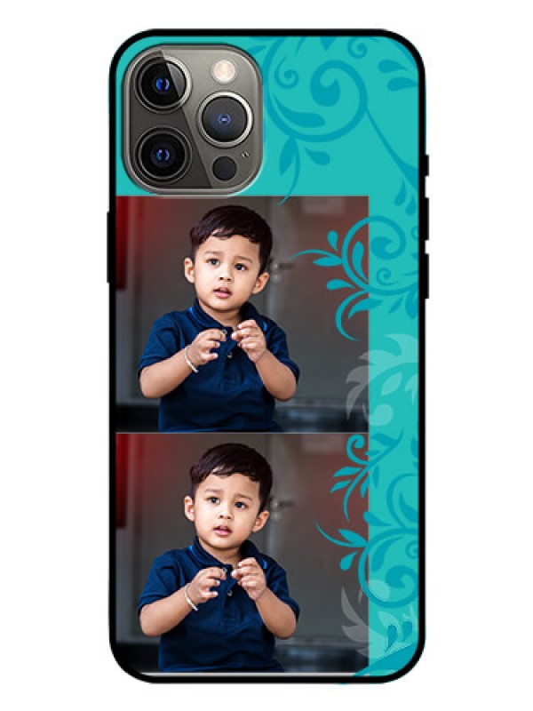 Custom Iphone 12 Pro Max Personalized Glass Phone Case  - with Photo and Green Floral Design 