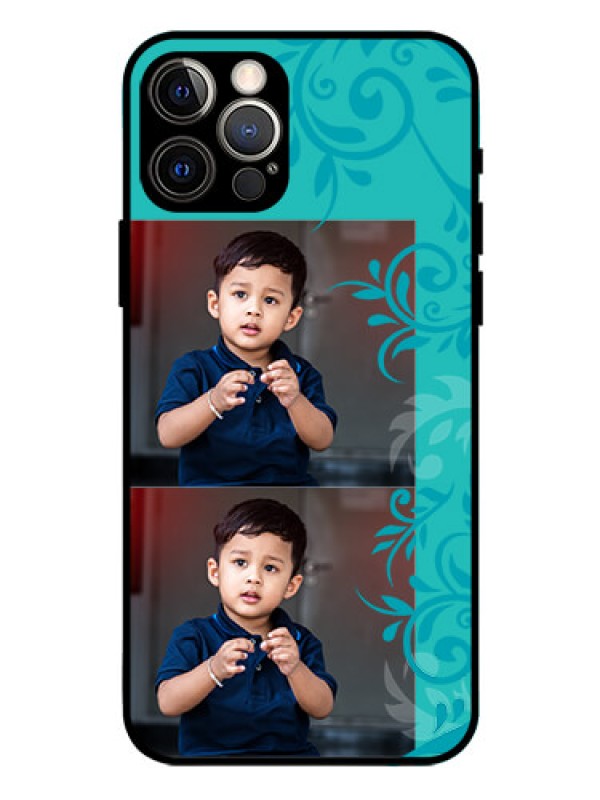 Custom Iphone 12 Pro Personalized Glass Phone Case  - with Photo and Green Floral Design 