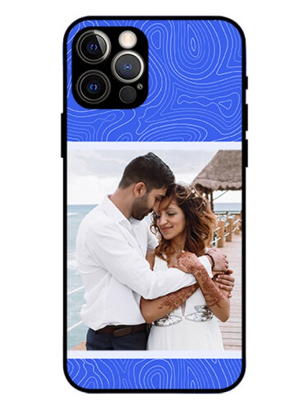 Custom iPhone 12 Pro Custom Glass Mobile Case - Curved line art with blue and white Design