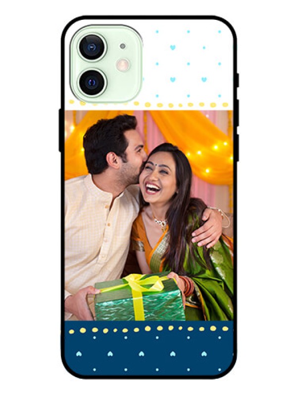 Custom Iphone 12 Personalized Glass Phone Case  - White and Blue Abstract Design