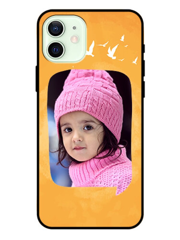Custom Iphone 12 Personalized Glass Phone Case  - Water Color Design with Bird Icons