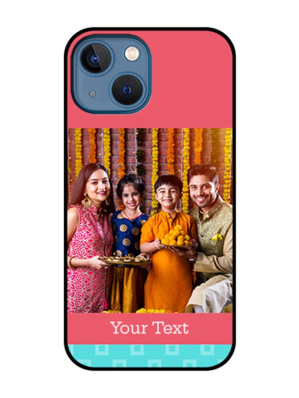 Custom iPhone 13 Mini Personalized Glass Phone Case - Peach & Blue Color Design