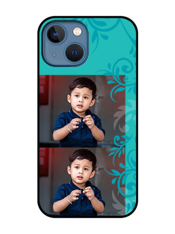 Custom iPhone 13 Mini Personalized Glass Phone Case - with Photo and Green Floral Design