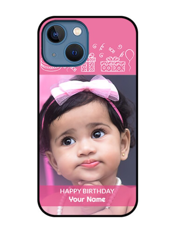 Custom iPhone 13 Mini Photo Printing on Glass Case - with Birthday Line Art Design