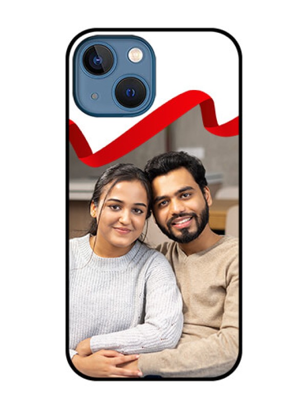 Custom iPhone 13 Mini Photo Printing on Glass Case - Red Ribbon Frame Design