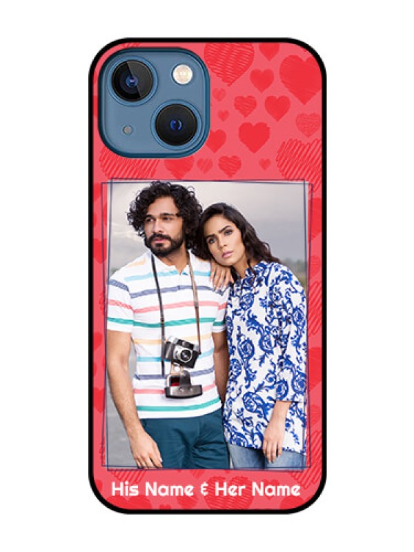 Custom iPhone 13 Mini Photo Printing on Glass Case - with Red Heart Symbols Design