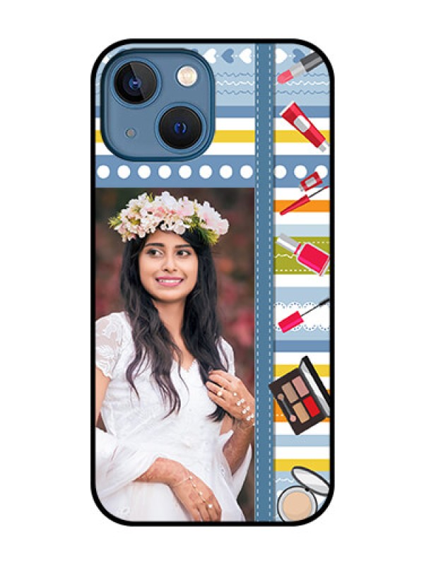Custom iPhone 13 Mini Personalized Glass Phone Case - Makeup Icons Design