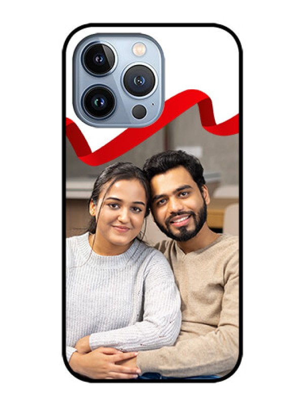 Custom iPhone 13 Pro Photo Printing on Glass Case - Red Ribbon Frame Design