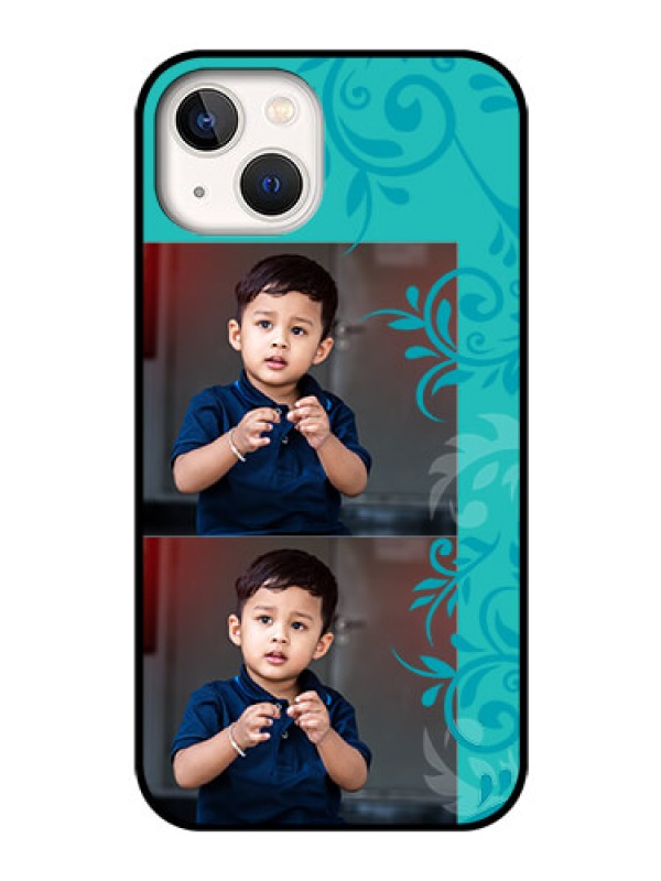 Custom iPhone 13 Personalized Glass Phone Case - with Photo and Green Floral Design