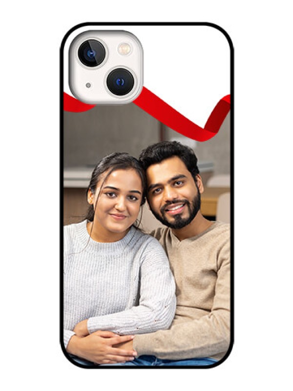 Custom iPhone 13 Photo Printing on Glass Case - Red Ribbon Frame Design