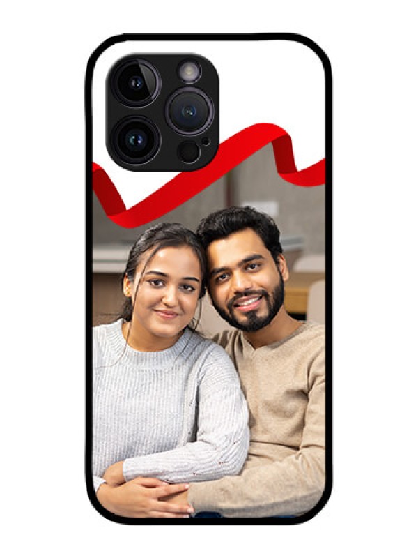 Custom iPhone 14 Pro Max Photo Printing on Glass Case - Red Ribbon Frame Design