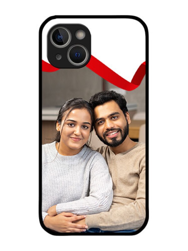 Custom iPhone 14 Photo Printing on Glass Case - Red Ribbon Frame Design