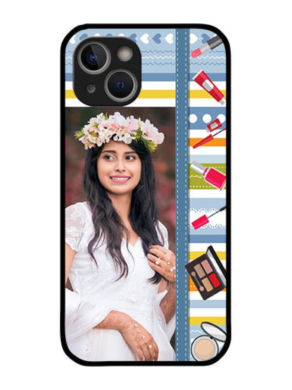 Custom iPhone 14 Personalized Glass Phone Case - Makeup Icons Design