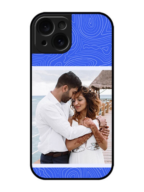 Custom Apple iPhone 15 Custom Glass Phone Case - Curved Line Art With Blue And White Design