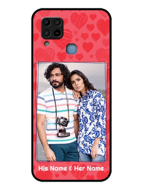 Custom Infinix Hot 10s Photo Printing on Glass Case - with Red Heart Symbols Design