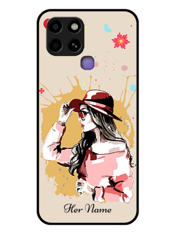 Custom Infinix Smart 6 Photo Printing on Glass Case - Women with pink hat Design