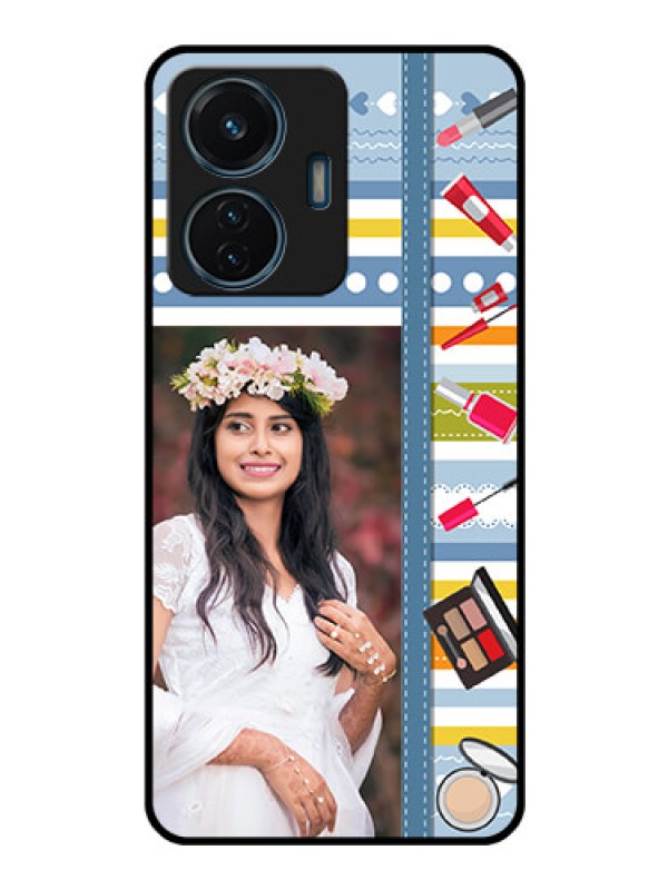 Custom iQOO Z6 44w Personalized Glass Phone Case - Makeup Icons Design